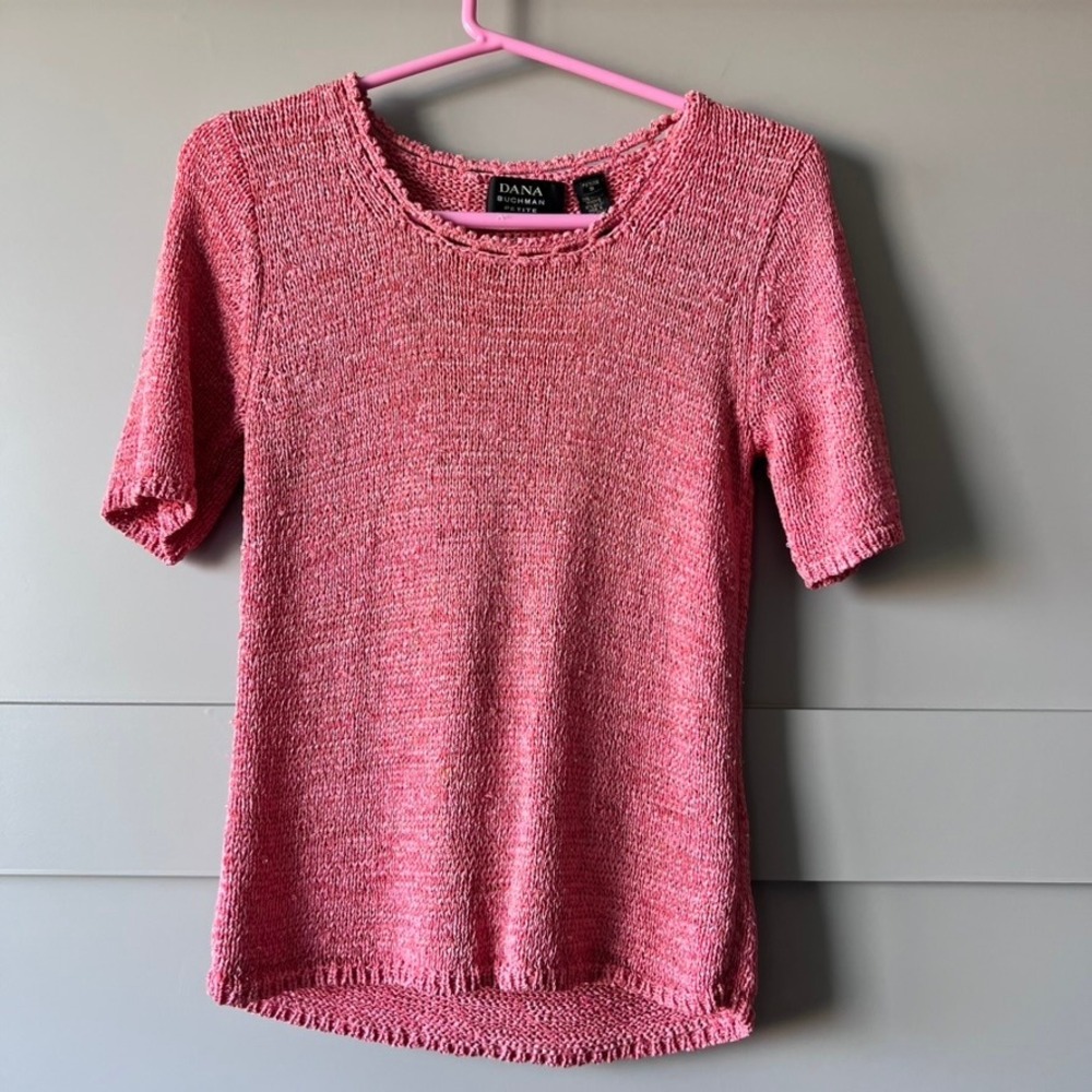 Dana Buchman Knit Top Womens Petite Small Pink Beaded Short Sleeve Vintage Chic